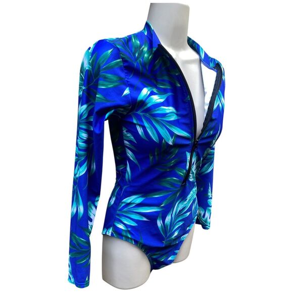 Shein Swim Tropical Print Zipper Front High Neck One Piece Blue swimsuit Size S - Picture 4 of 12